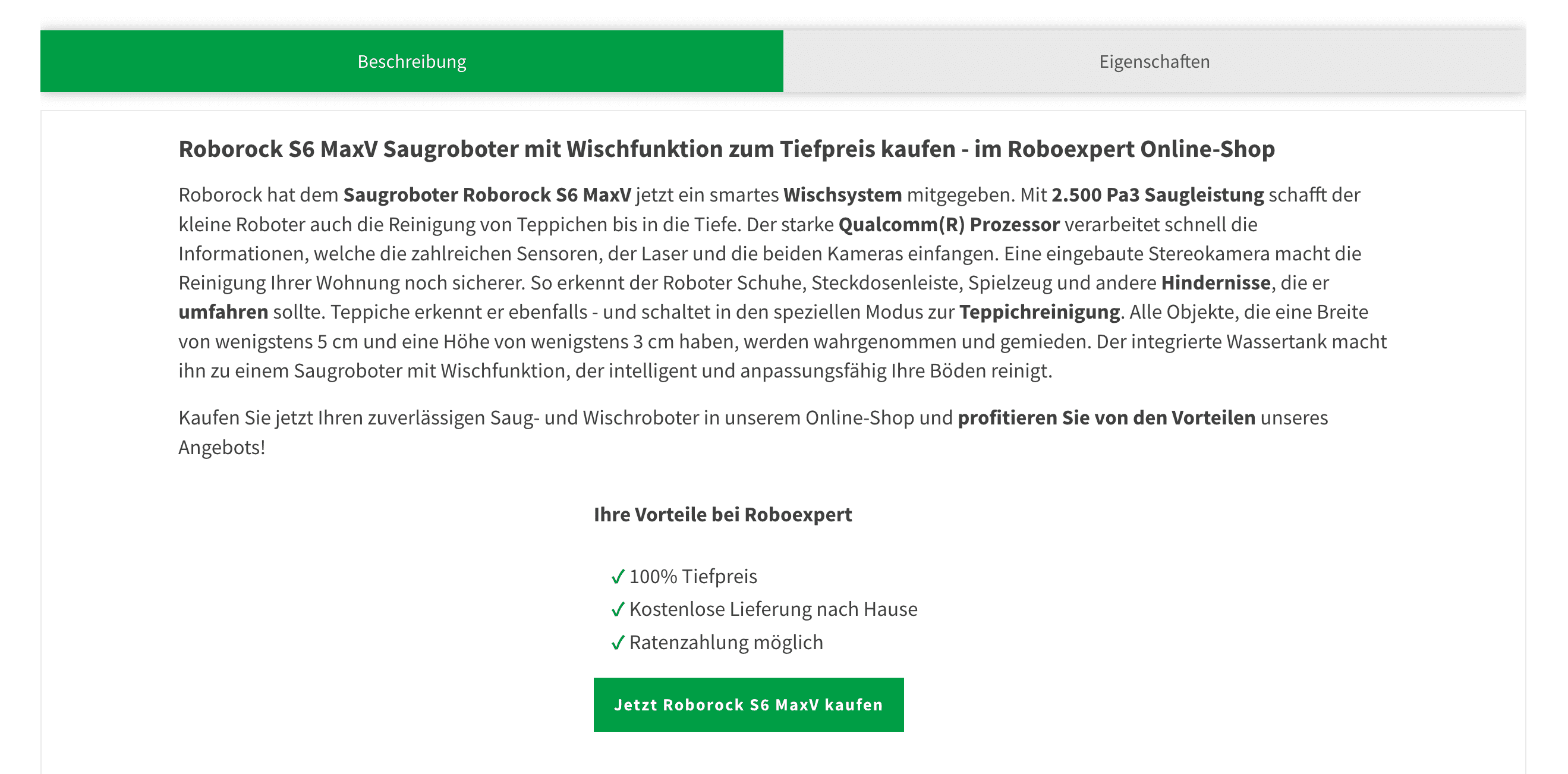 automatisch generierte Aufzählung der Vorteile bei roboexpert