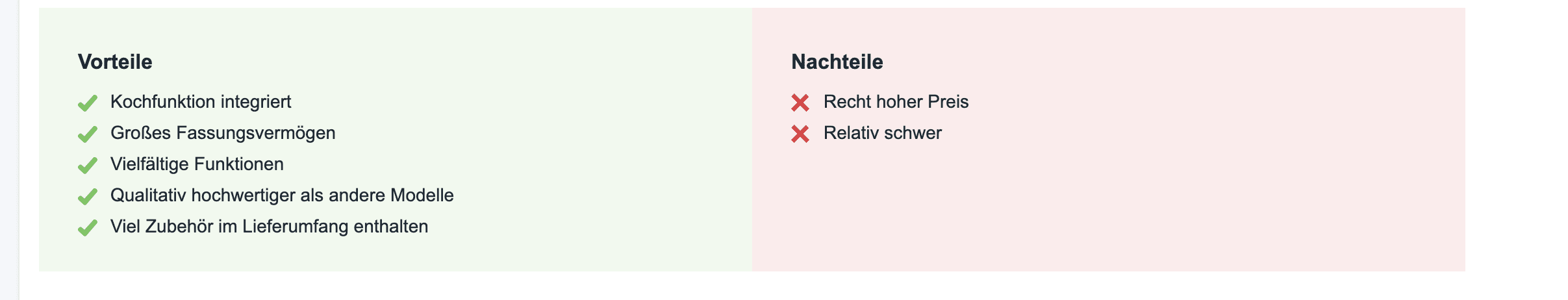 automatische generierte Liste von Vor- und Nachteilen eines Produktes
