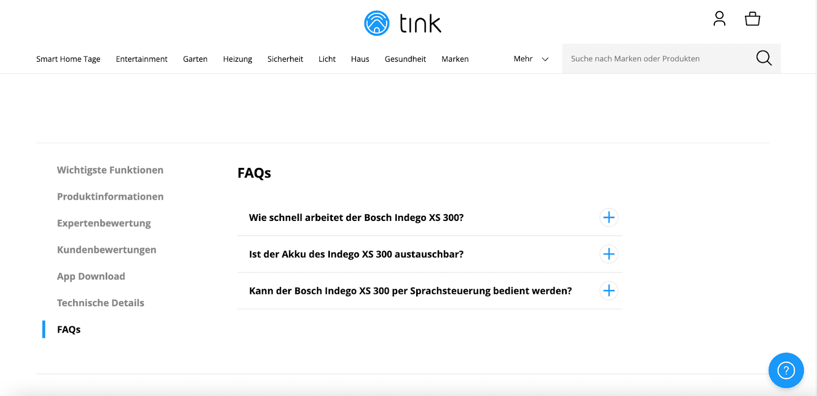 FAQs auf einer Produktdetailseite zu einem Mähroboter von tink.de