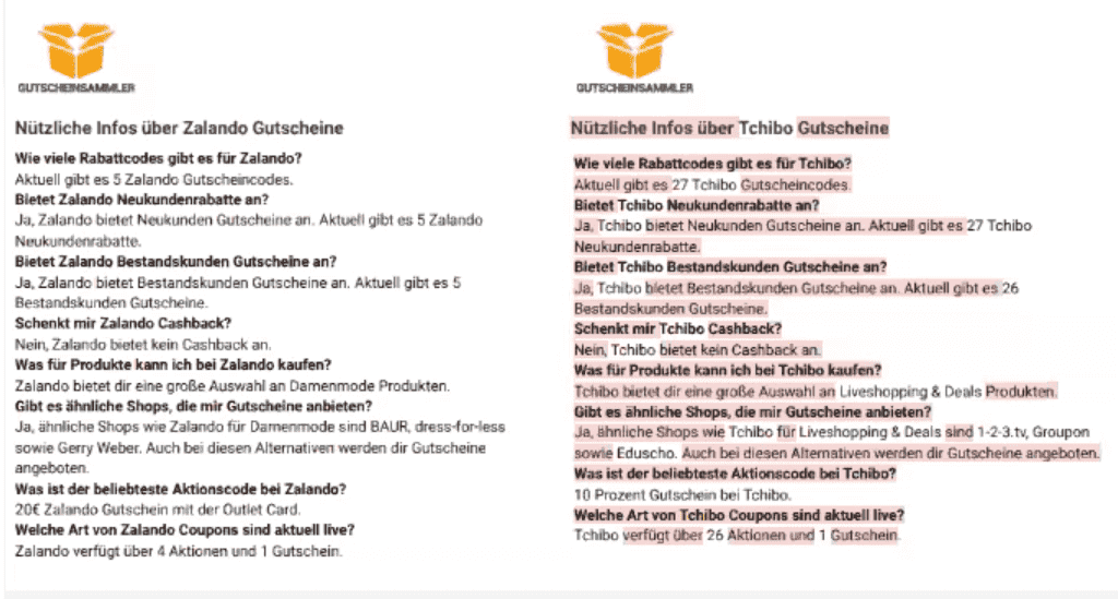Gutscheinbeschreibungen von Webgears vor der Textautomatisierung